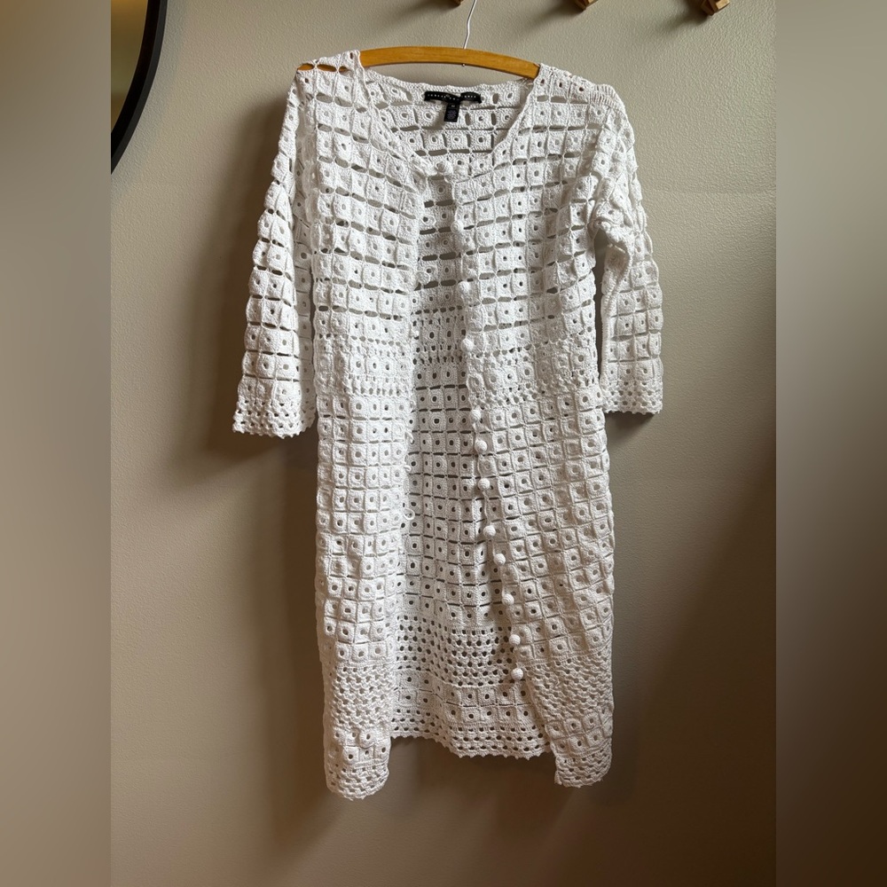 Robert Rodriguez White Cotton Crochet Ball Button Front Dress/Sweater
